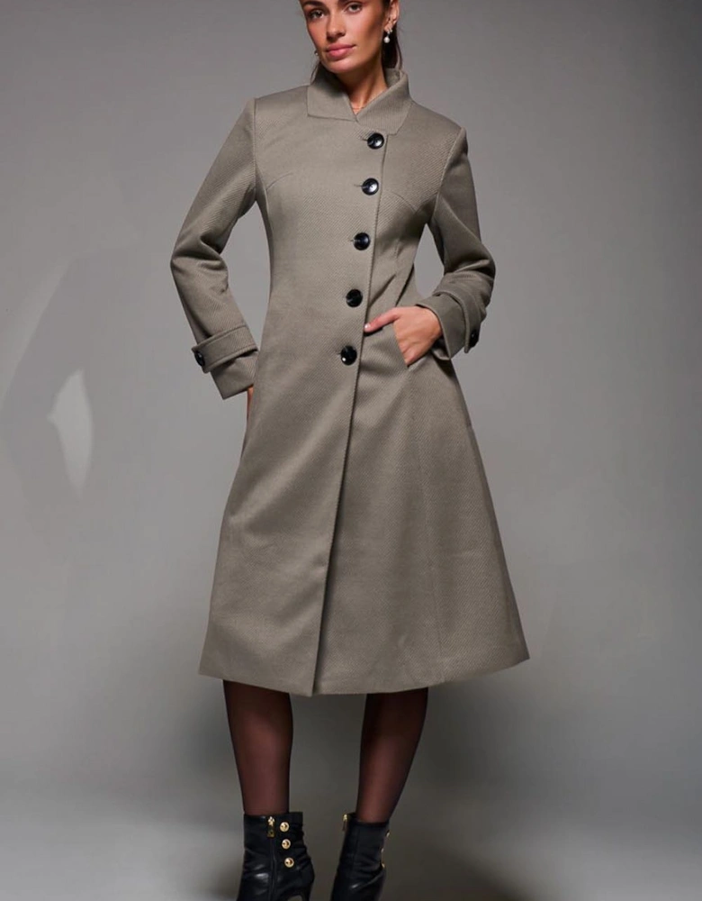 Asymmetric Button Detail Fit & Flare Coat