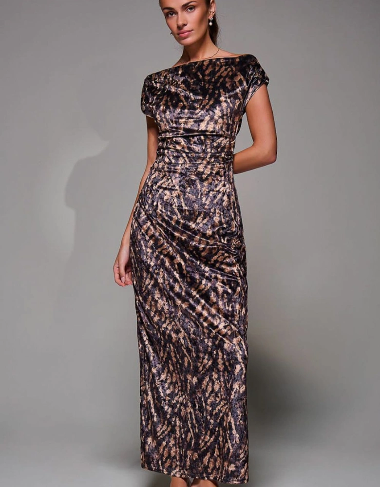 Printed Velvet Draped Maxi Dress
