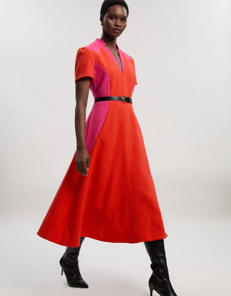 Compact Stretch Colour Block Tailored Belted Full Skirt Midi Dress