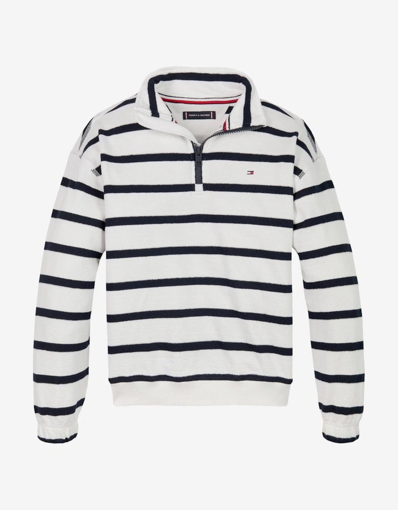Boys Breton Stripe Half Zip Sweatshirt in White