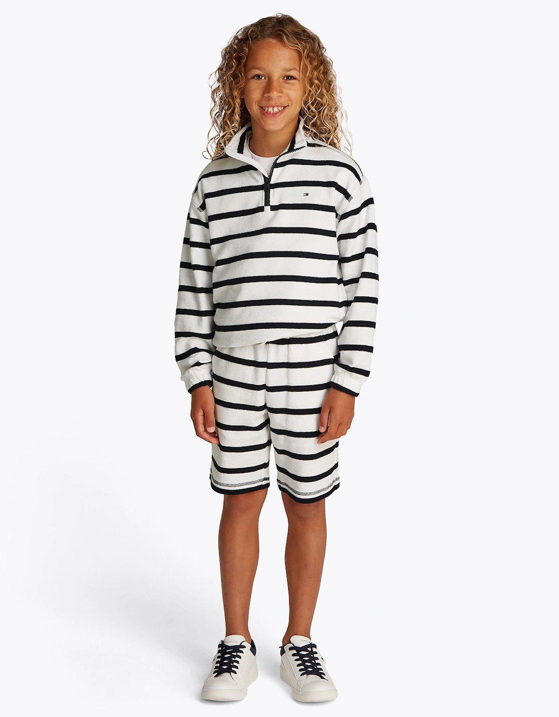 Boys Breton Stripe Half Zip Sweatshirt in White