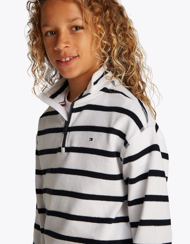 Boys Breton Stripe Half Zip Sweatshirt in White