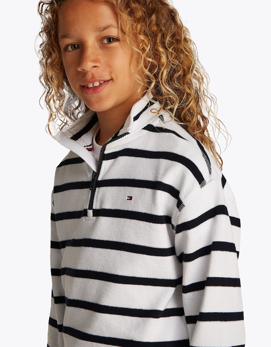 Boys Breton Stripe Half Zip Sweatshirt in White