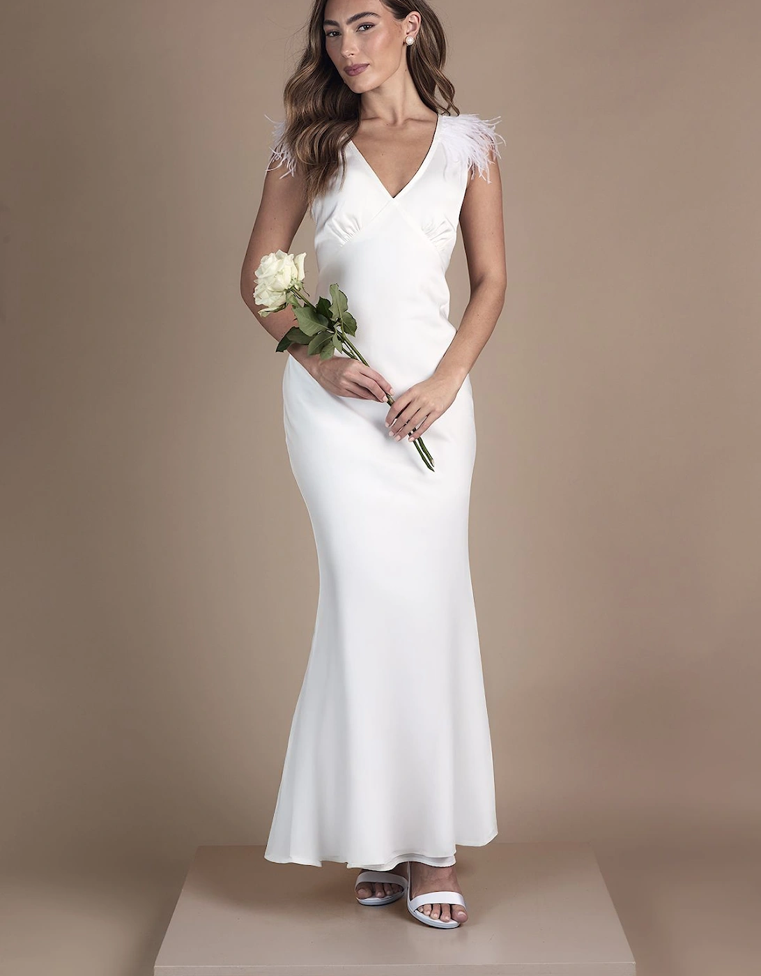 Feather Shoulder Detail V Neck Satin Wedding Dress, 2 of 1