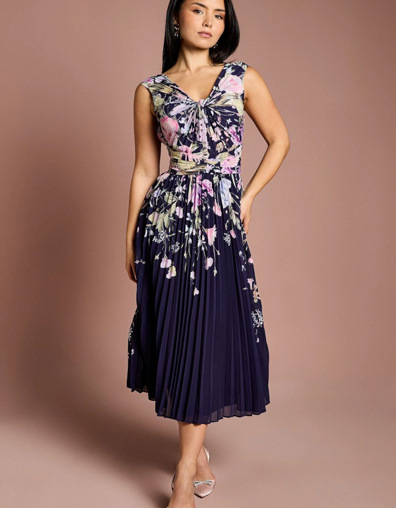 Petite Placement Print Pleated V Neck Midi Dress