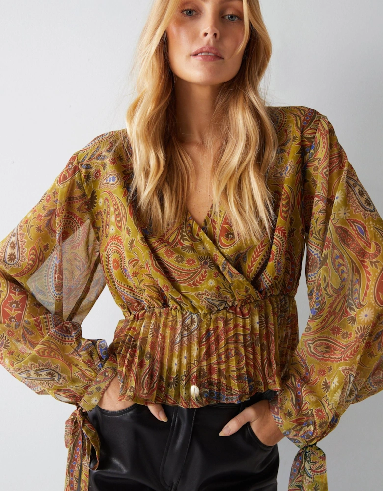 Paisley Print V Neck Pleat Hem Chiffon Blouse