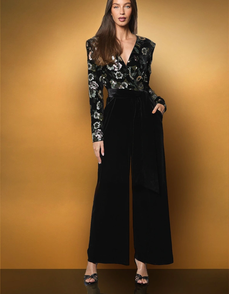 Long Sleeve Beaded Floral Wide Leg Velvet Jumpsuit