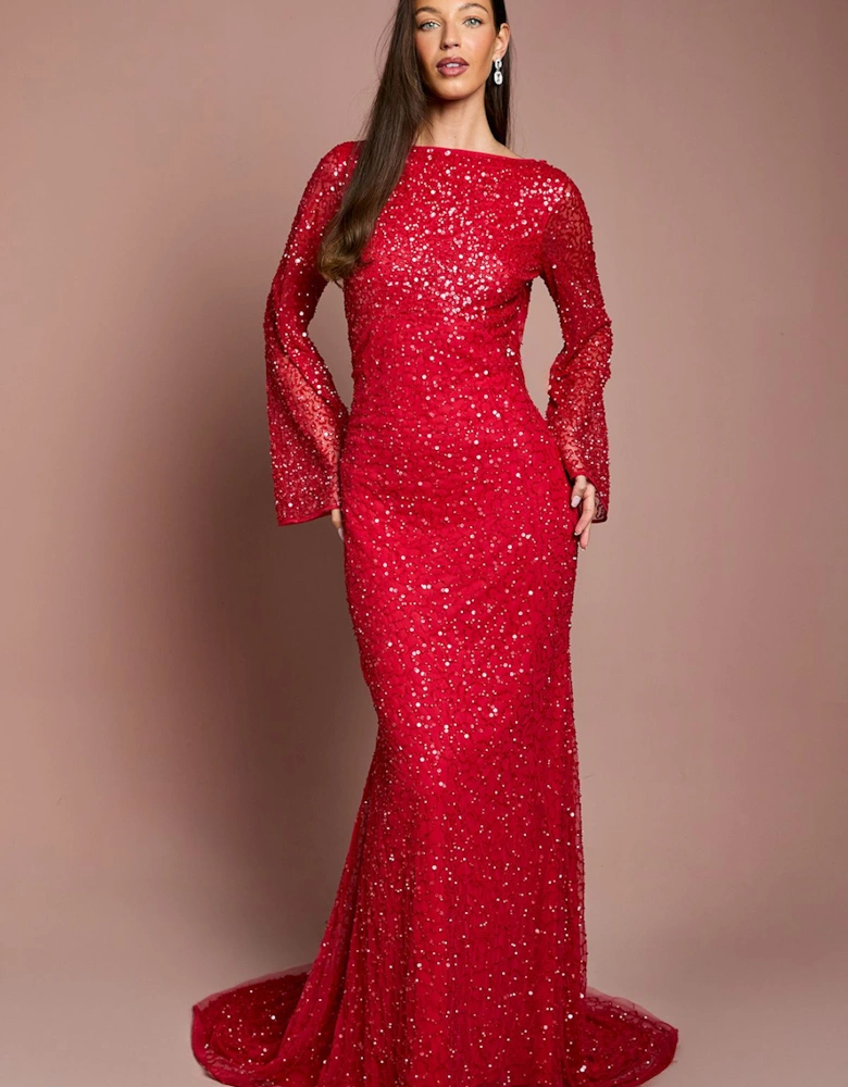 Long Sleeve Flare Sleeve Cowl Back Sequin Maxi Dress