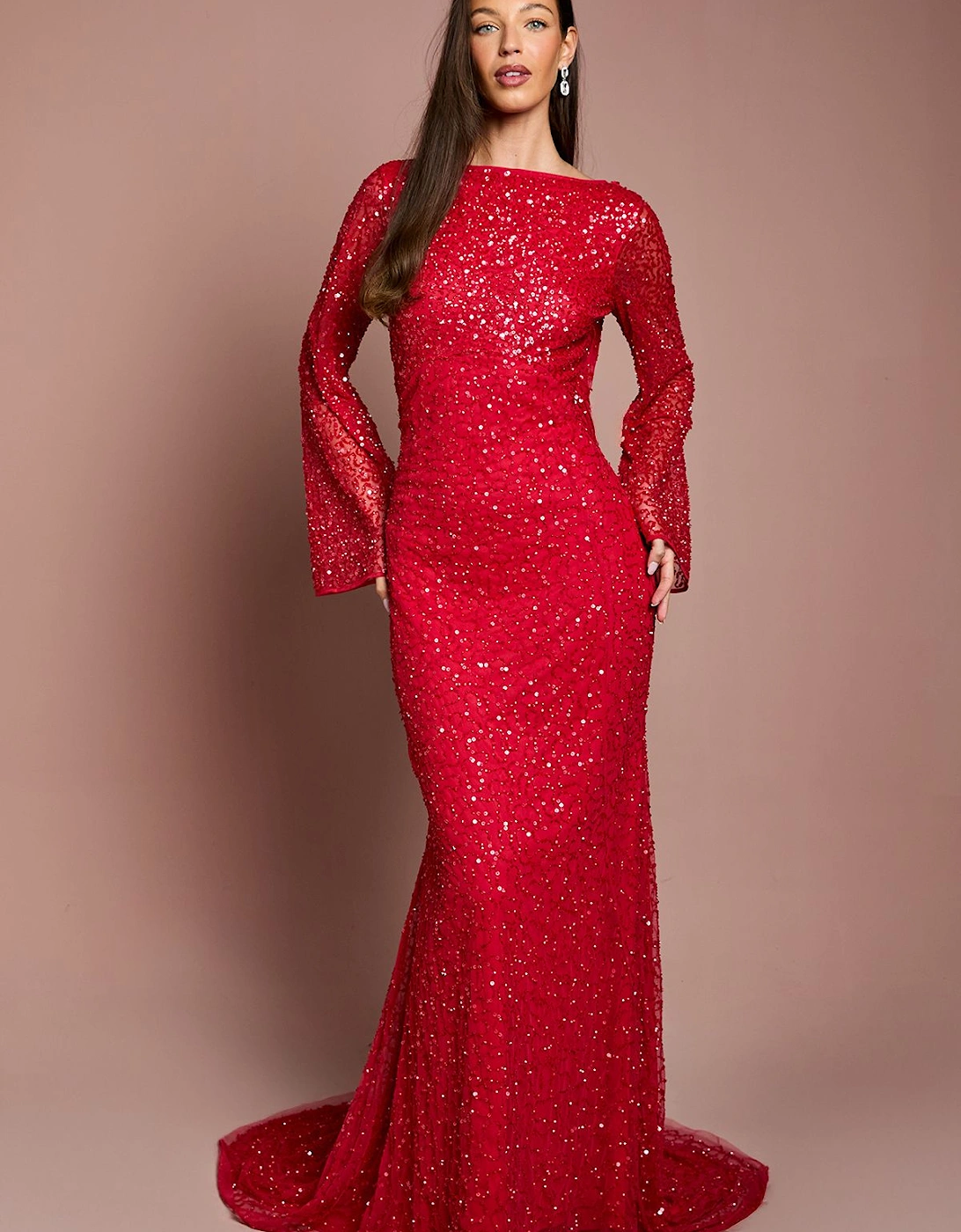 Long Sleeve Flare Sleeve Cowl Back Sequin Maxi Dress, 2 of 1