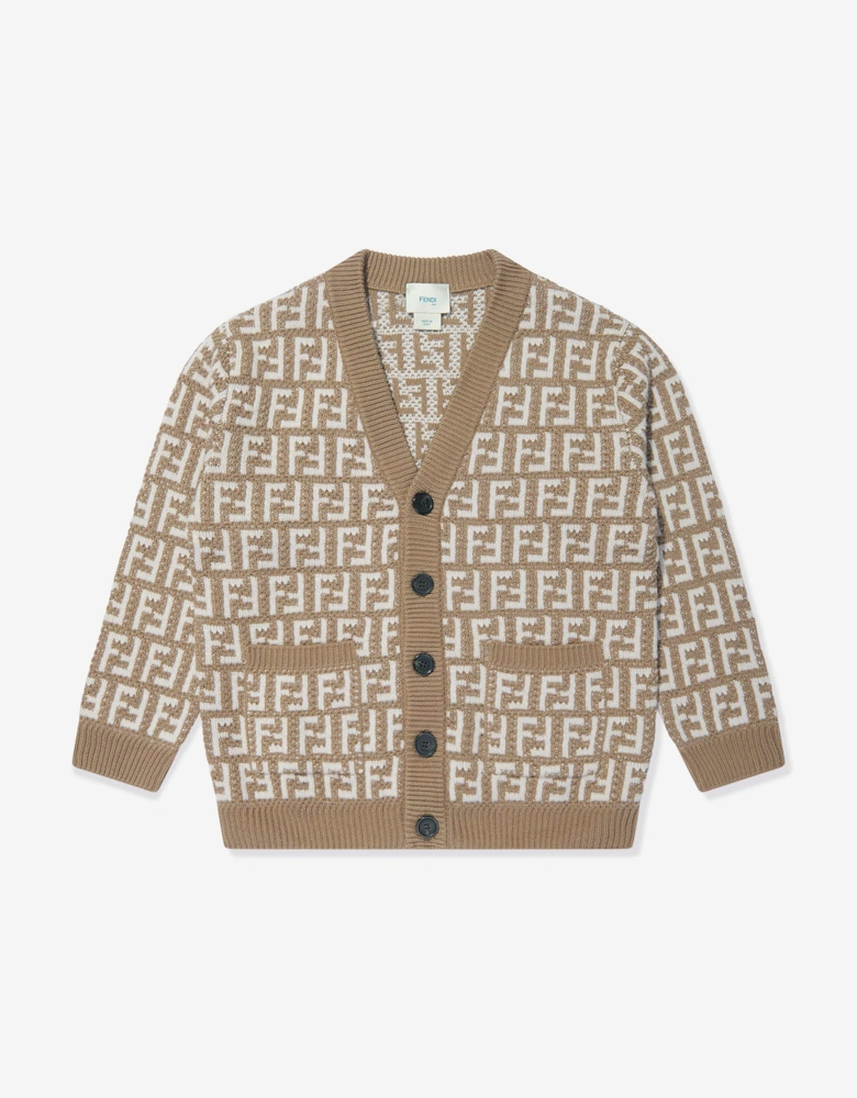 Kids Knitted FF Logo Cardigan in Beige