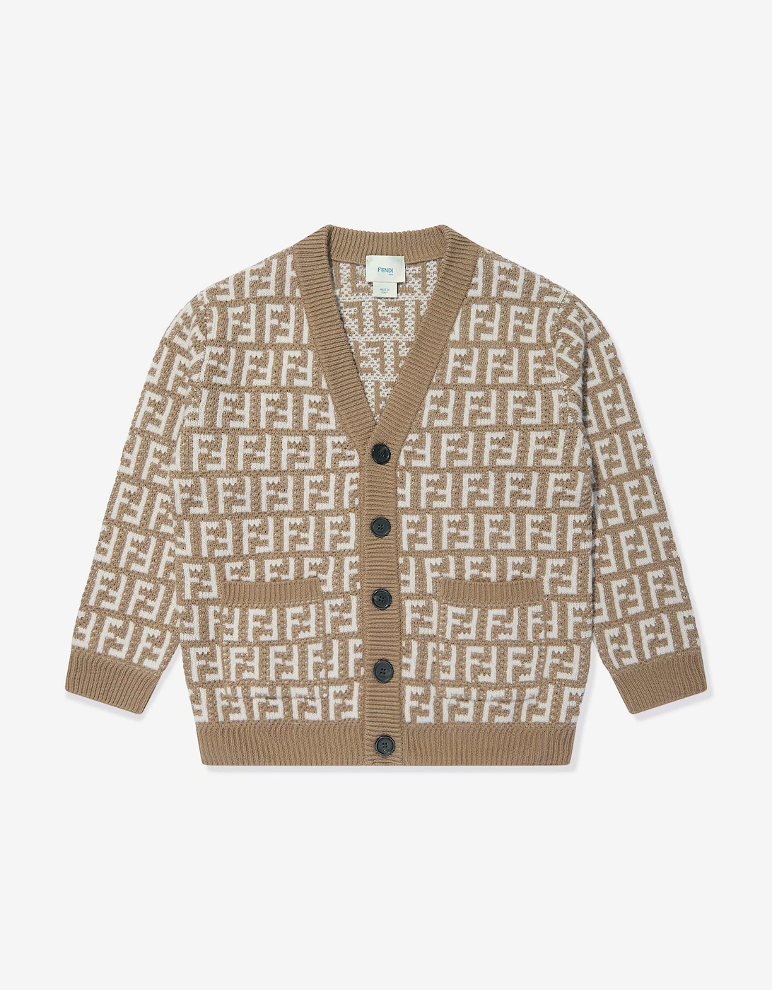 Kids Knitted FF Logo Cardigan in Beige, 5 of 4