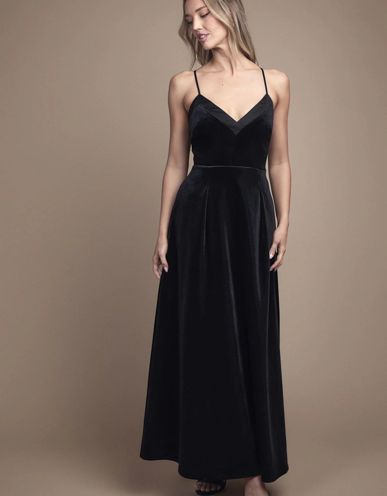 Velvet V Neck Strappy Low Back and Bow Detail Maxi Bridesmaid Dress