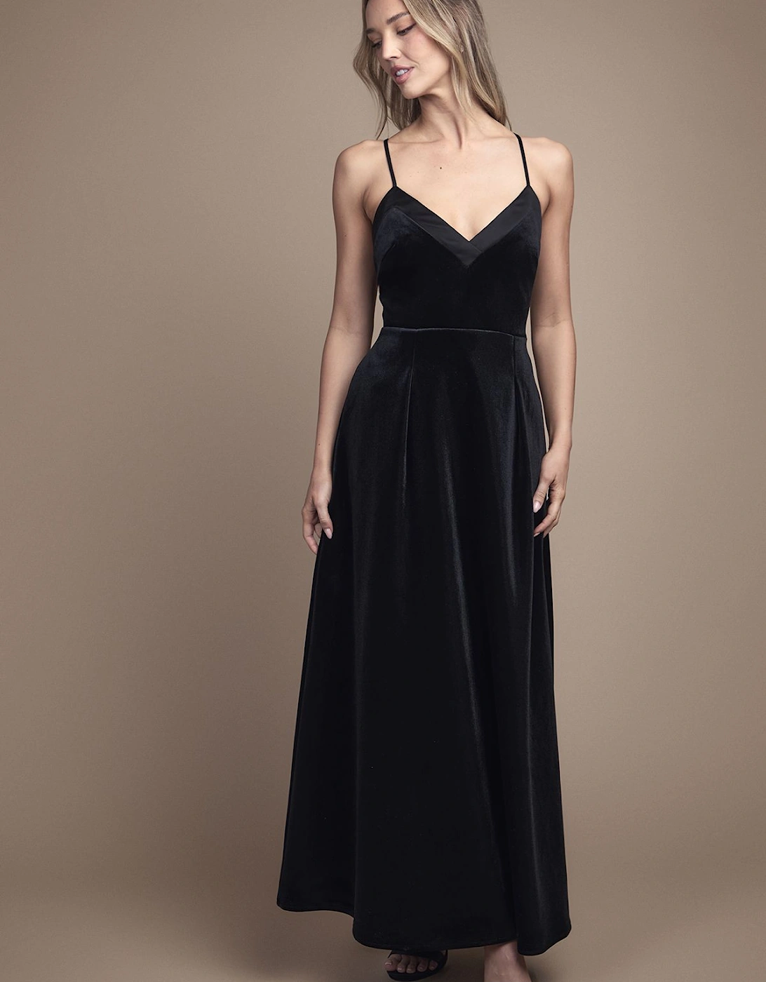 Velvet V Neck Strappy Low Back and Bow Detail Maxi Bridesmaid Dress, 2 of 1