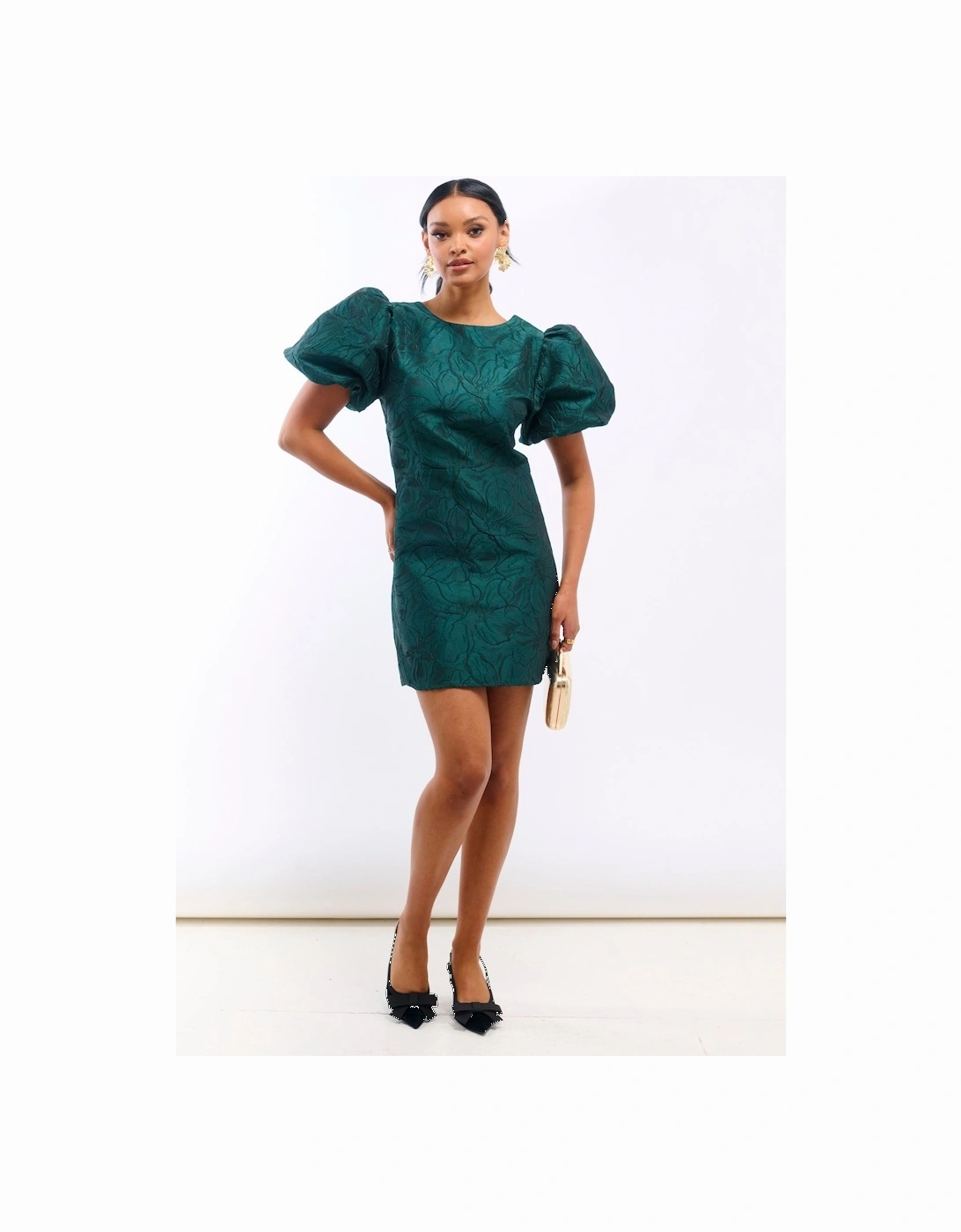 Green Jacquard Puff Sleeve Mini Dress, 2 of 1