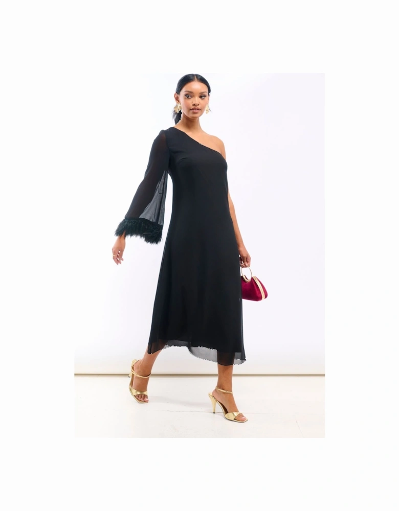 Black Asymmetric Feather Cuff Dress