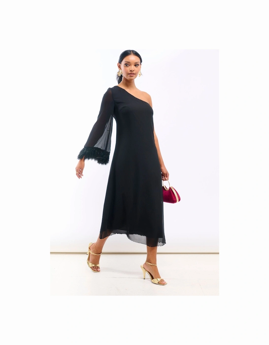 Black Asymmetric Feather Cuff Dress, 2 of 1