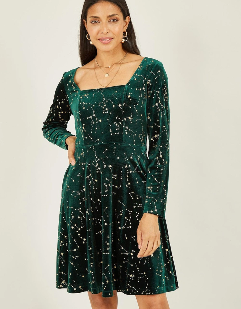 Green Star Foil Print Long Sleeve Skater Dress