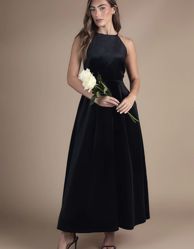 Velvet Halterneck Bow Back Maxi Bridesmaid Dress