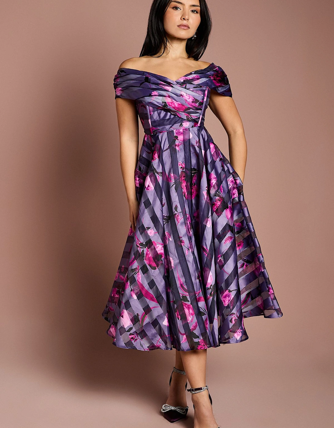 Petite Stripe Organza Pleated Top Midi Dress, 2 of 1