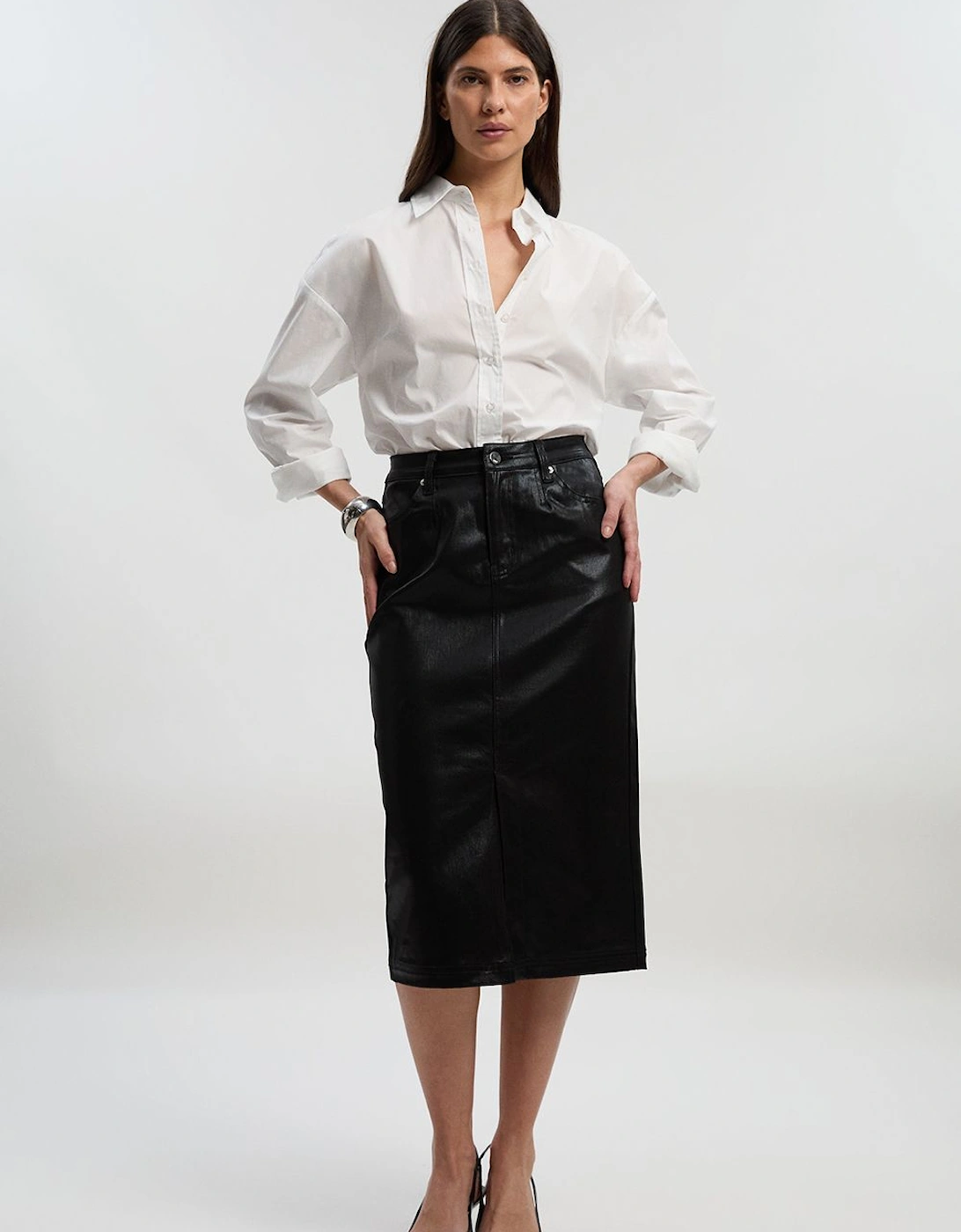 Metallic Coated Denim Pencil Midi Skirt, 2 of 1