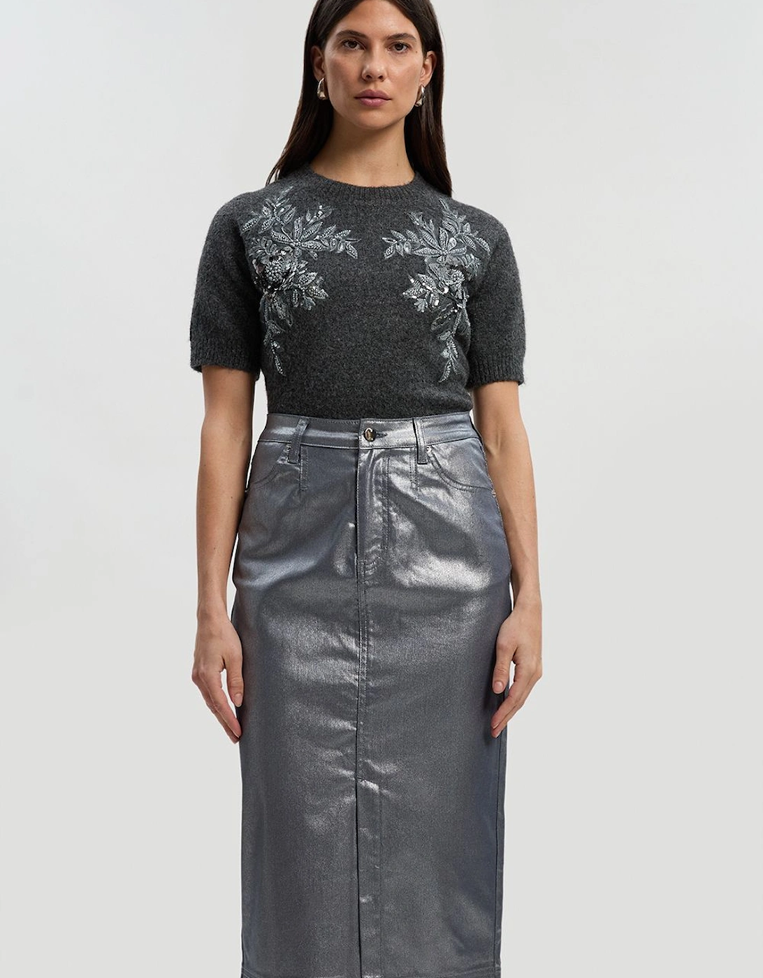 Metallic Coated Denim Pencil Midi Skirt, 2 of 1