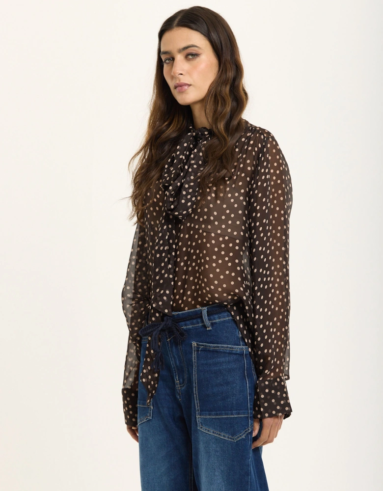 Silk Blend Polka Dot Sheer Bow Blouse