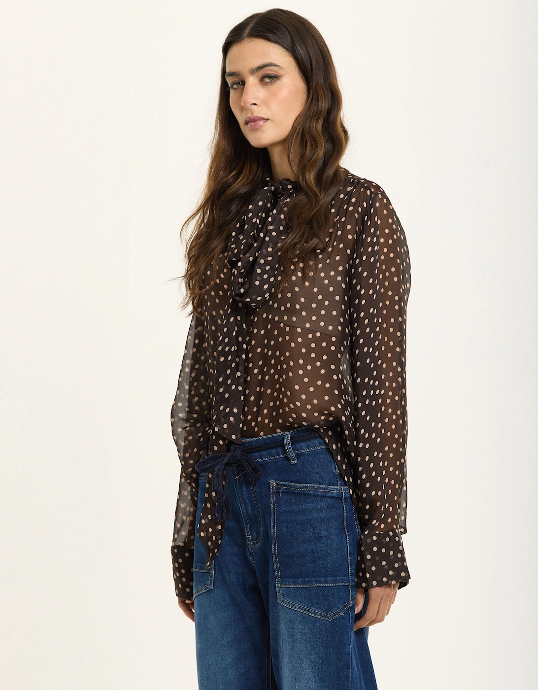 Silk Blend Polka Dot Sheer Bow Blouse, 2 of 1