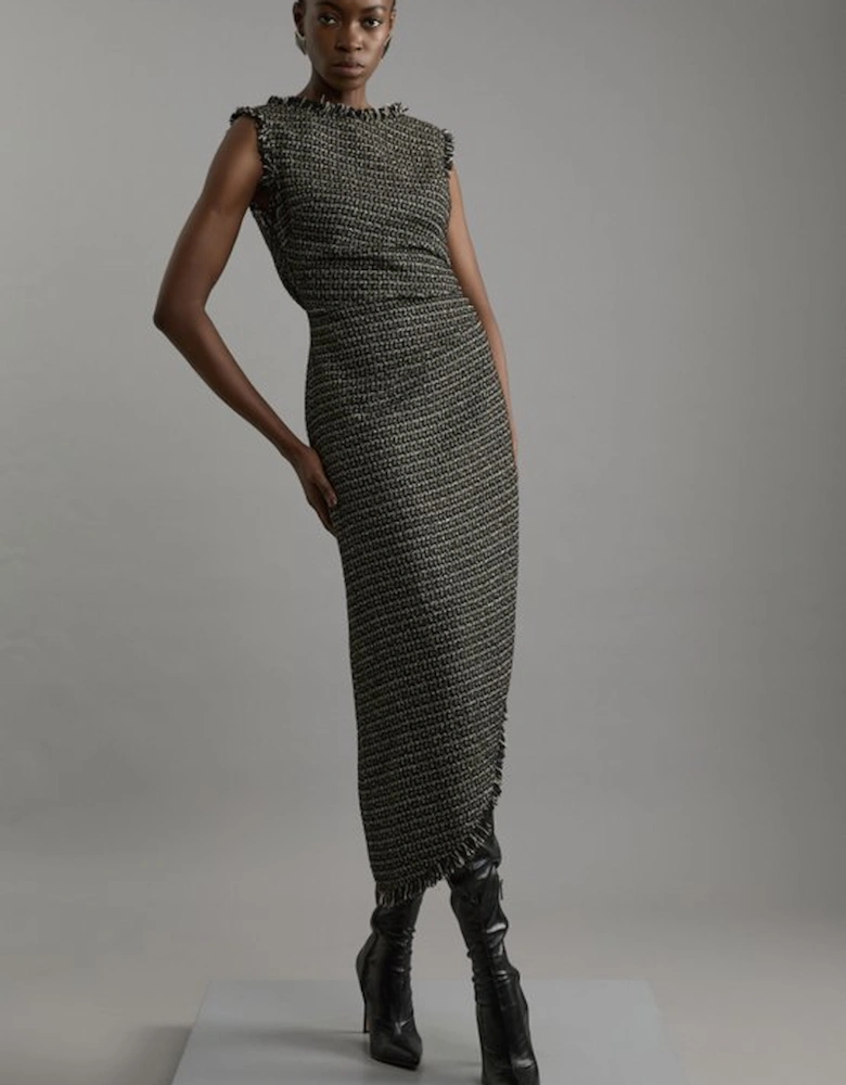Metallic Boucle Tailored Ruched Midi Dress