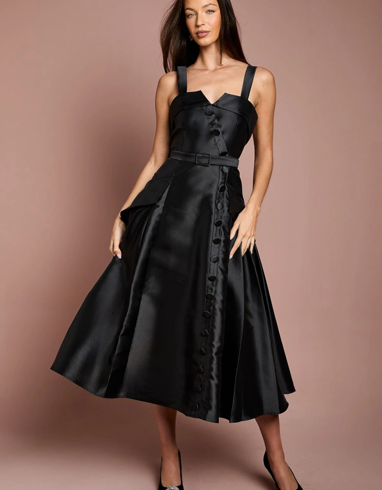 Lisa Tan Twill Volume Belted Midi Dress