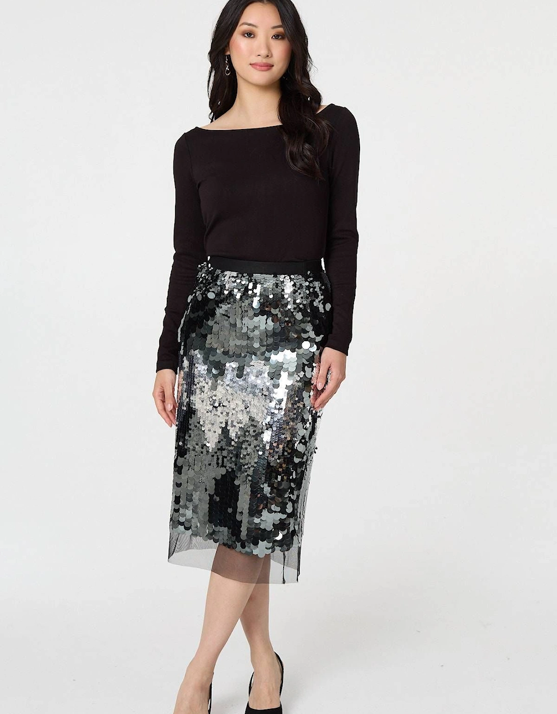 Sequin Embellished Mesh Layer Midi Skirt, 2 of 1