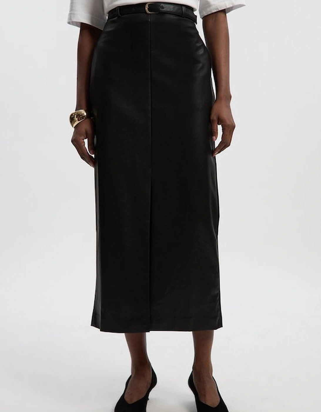 Faux Leather Tailored Midi Pencil Skirt
