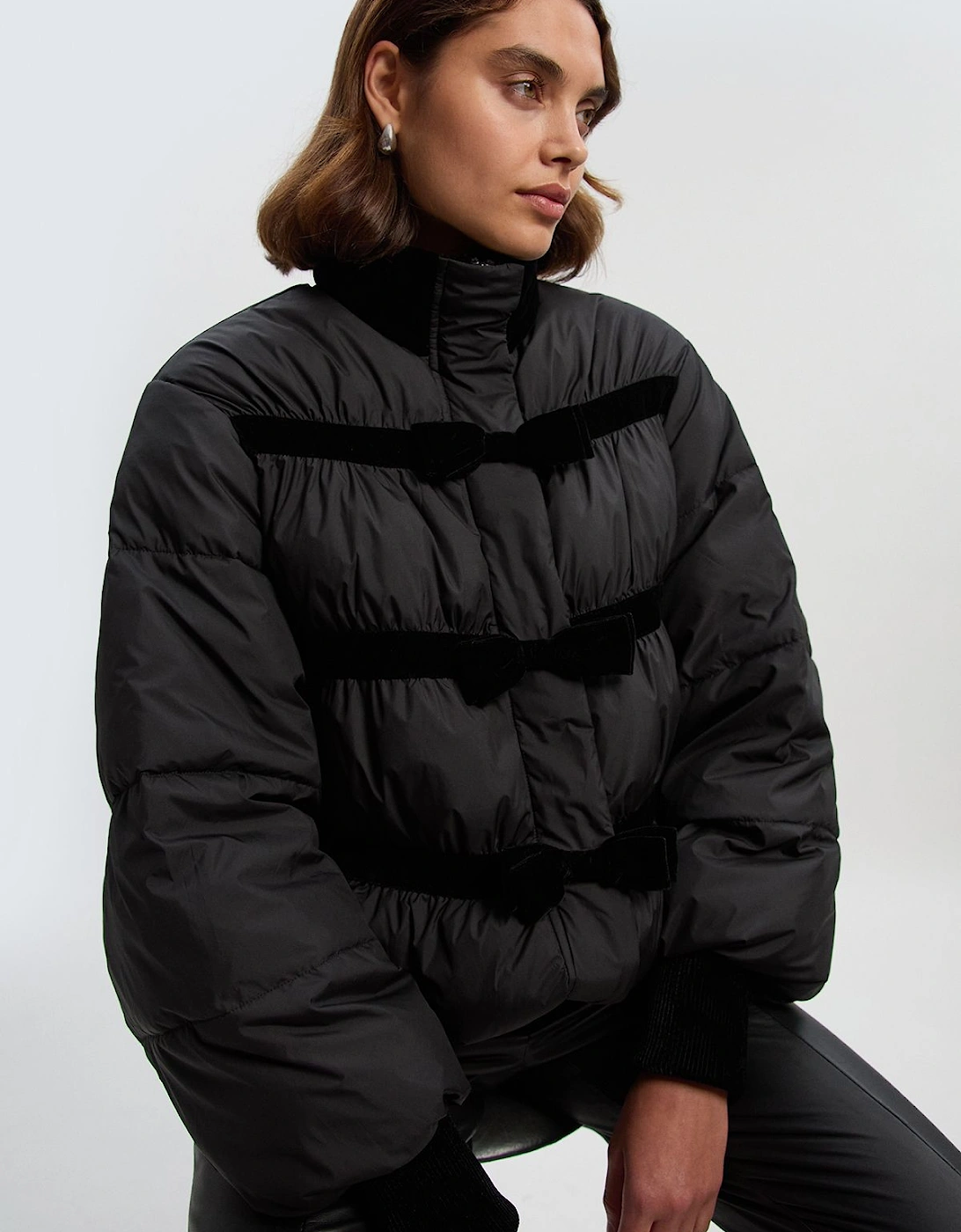 Padded Velvet Bow Detail Puffer Coat, 2 of 1
