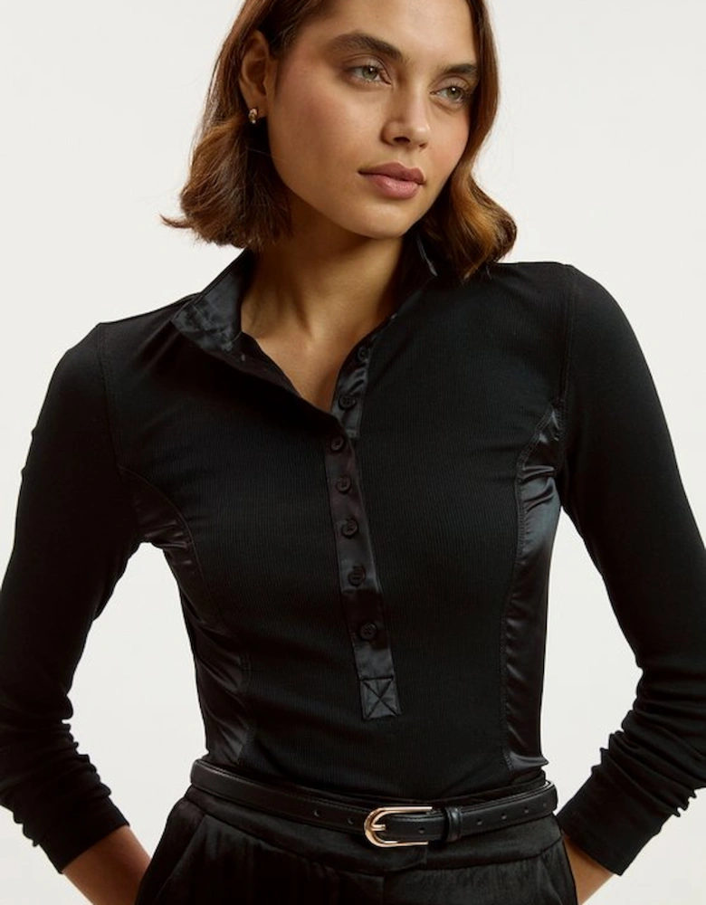 Luxe Viscose Rib Jersey High Neck Satin Detail Top
