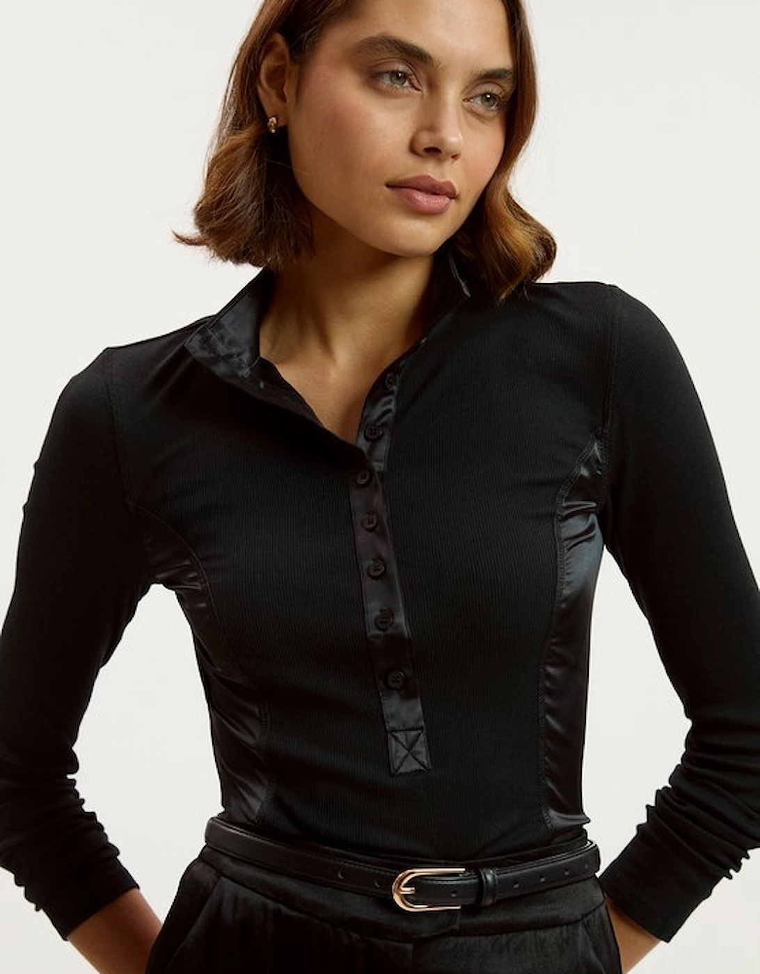 Luxe Viscose Rib Jersey High Neck Satin Detail Top