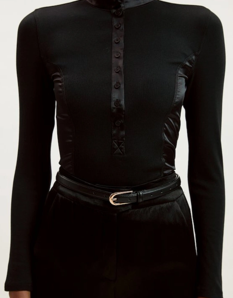 Luxe Viscose Rib Jersey High Neck Satin Detail Top