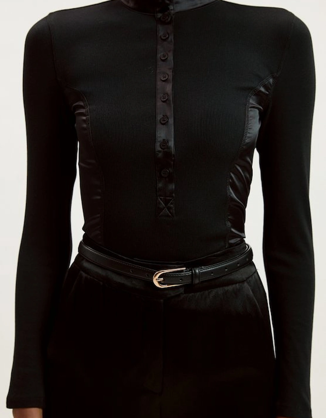 Luxe Viscose Rib Jersey High Neck Satin Detail Top