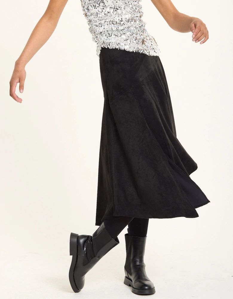 Black Faux Suede Asymmetric Midi Skirt