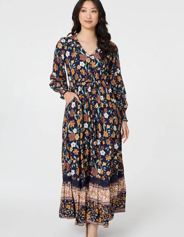 Floral Border Print Smocked Maxi Dress