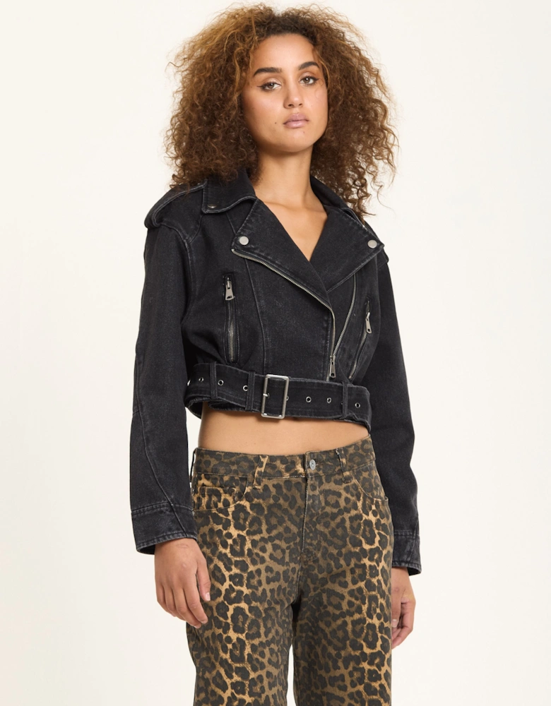 Cropped Denim Biker Jacket