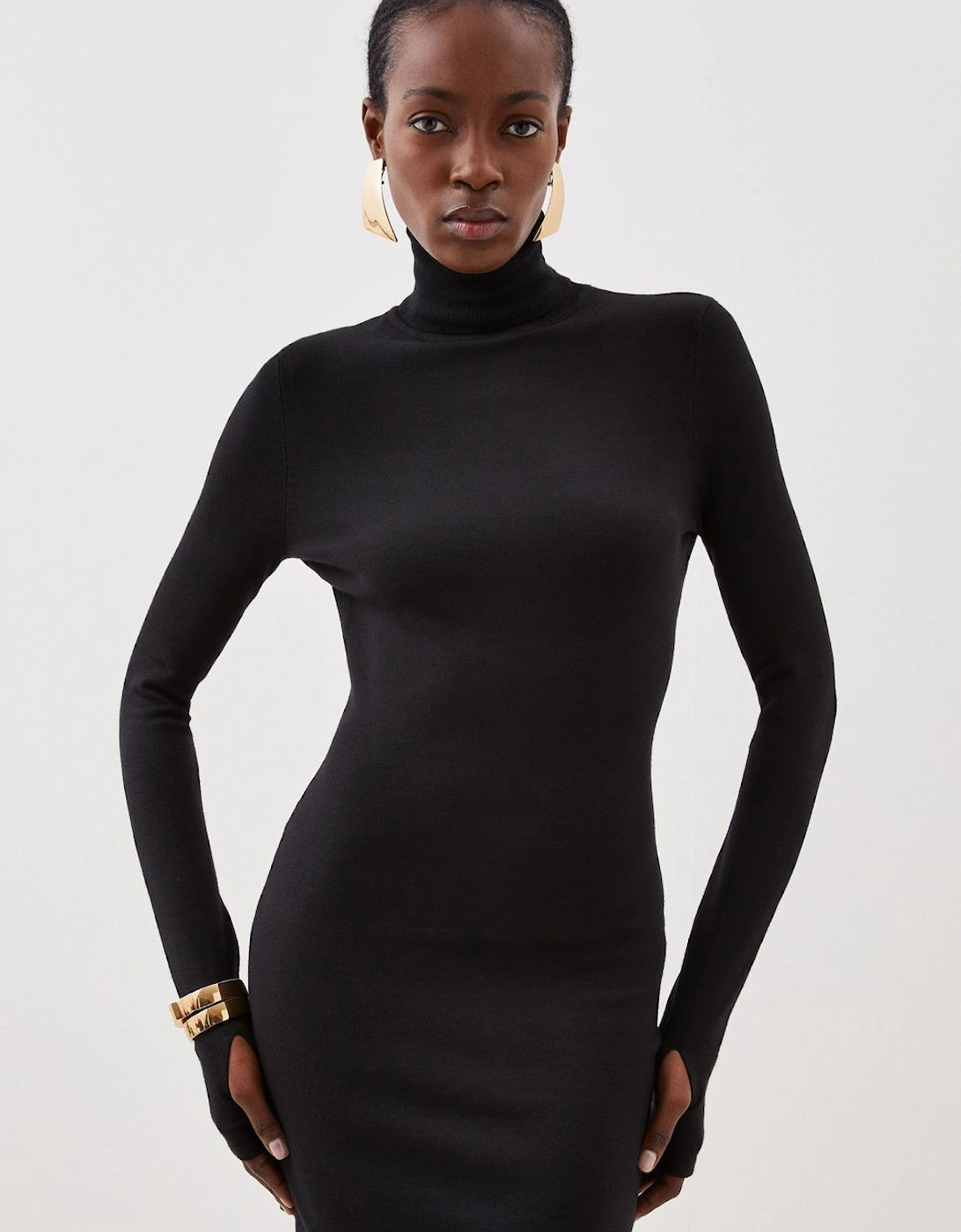 Viscose Blend Roll Neck Thumbhole Cuff Knit Mini Dress, 2 of 1
