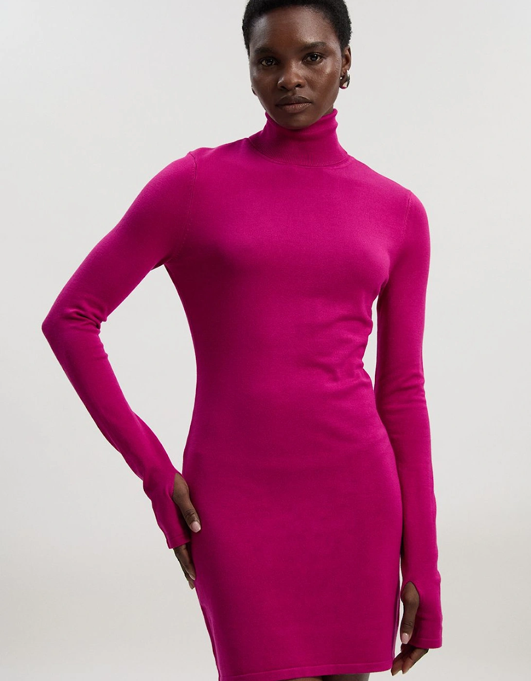 Viscose Blend Roll Neck Thumbhole Cuff Knit Mini Dress, 2 of 1