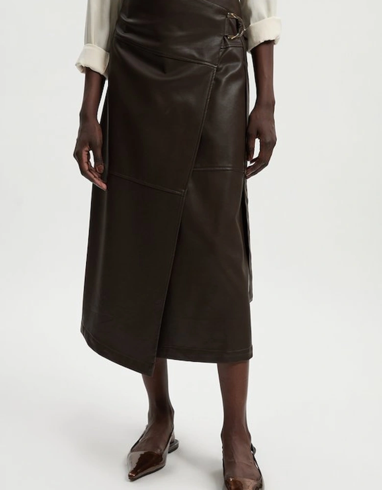 Faux Leather Tie Detail Wrap Midi Skirt