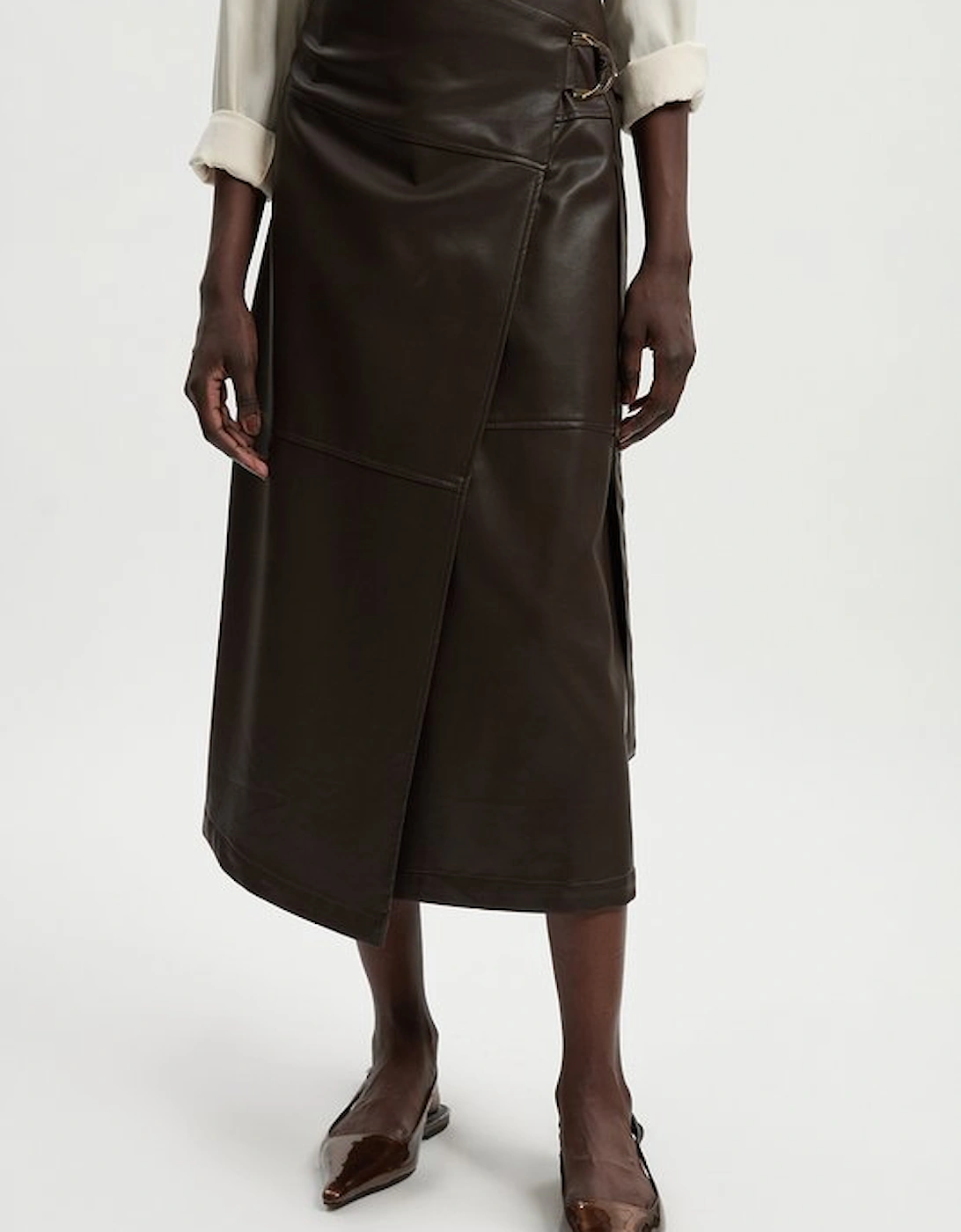 Faux Leather Tie Detail Wrap Midi Skirt
