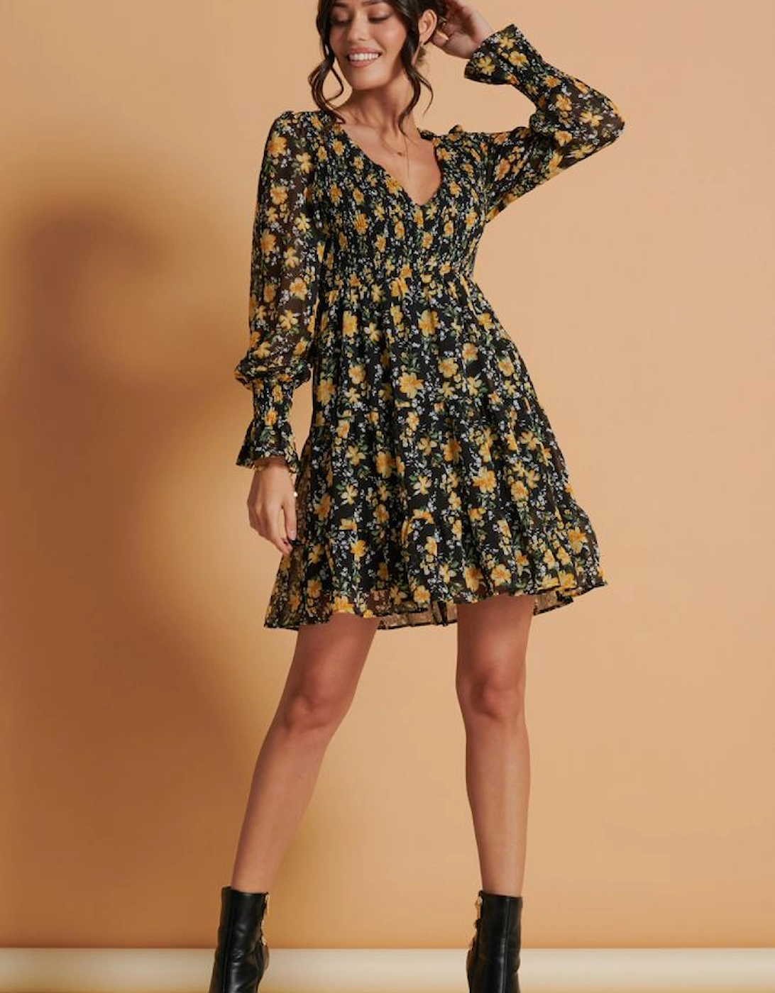 V Neck Shirred Detail Chiffon Dress, 2 of 1