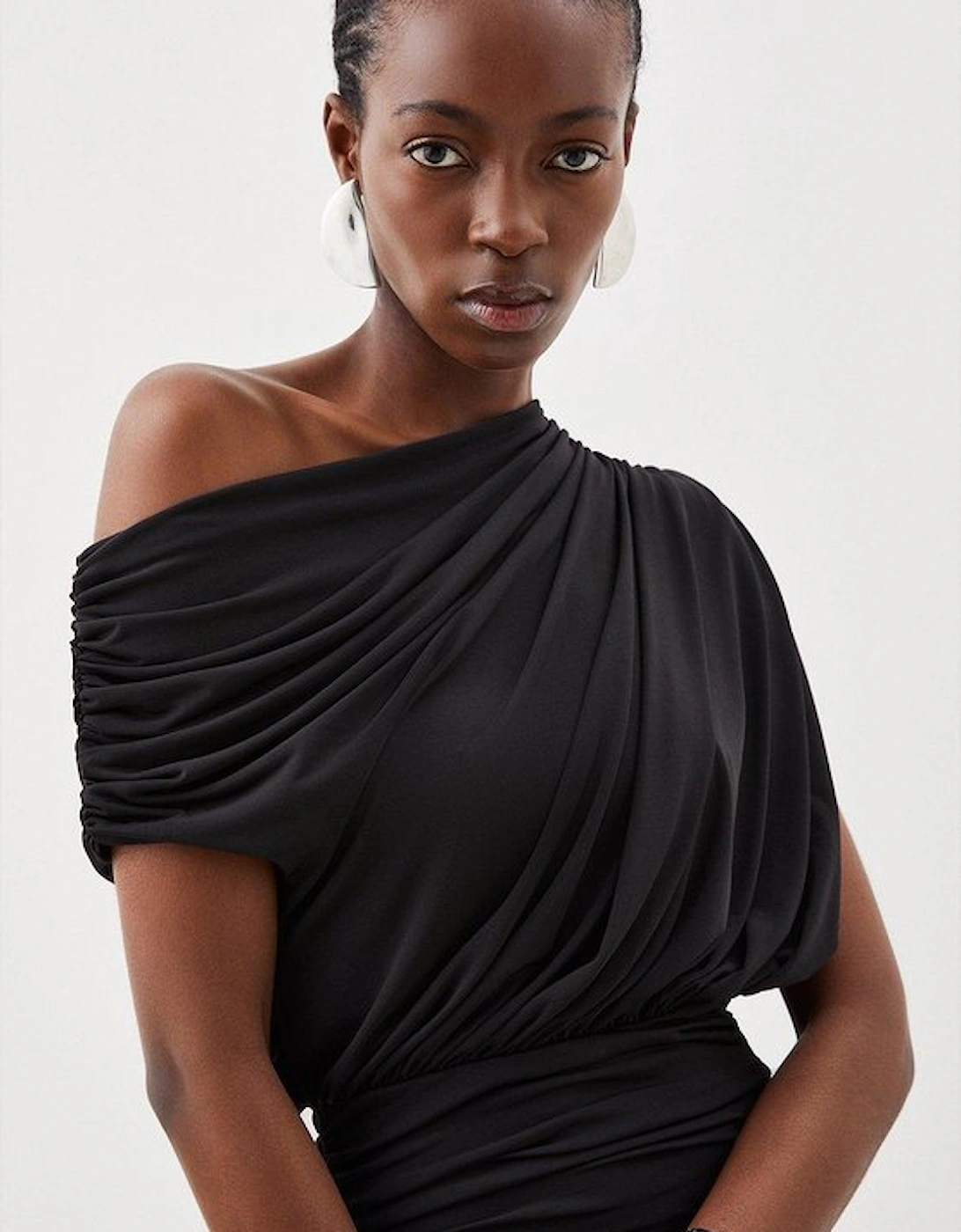 Jersey Crepe Asymmetric Neckline Maxi Dress