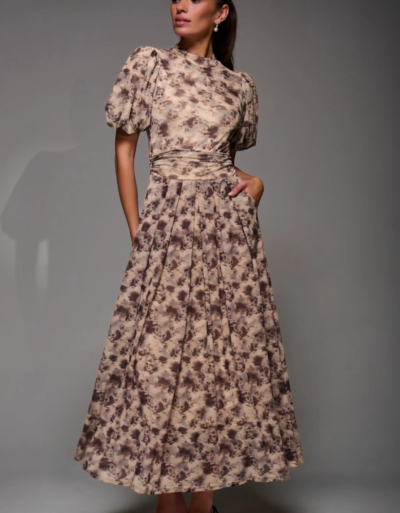 Puffy Sleeve Printed Mesh Maxi Dress