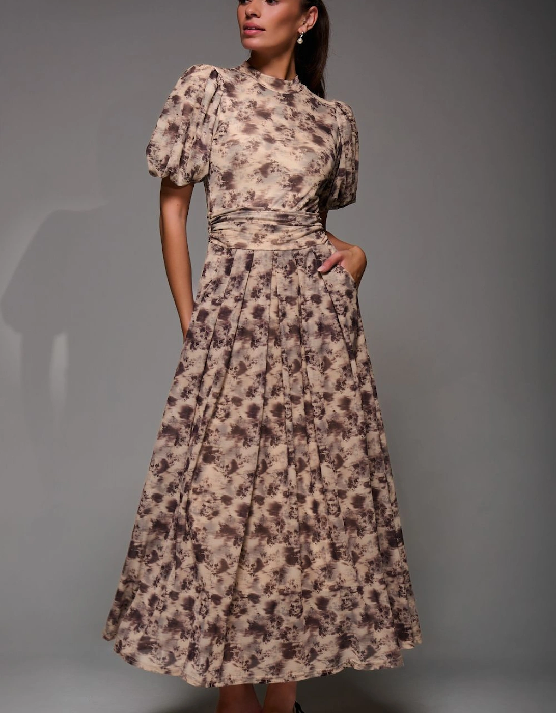 Puffy Sleeve Printed Mesh Maxi Dress, 2 of 1