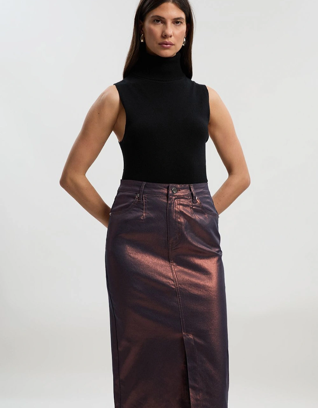 Metallic Coated Denim Pencil Midi Skirt, 2 of 1