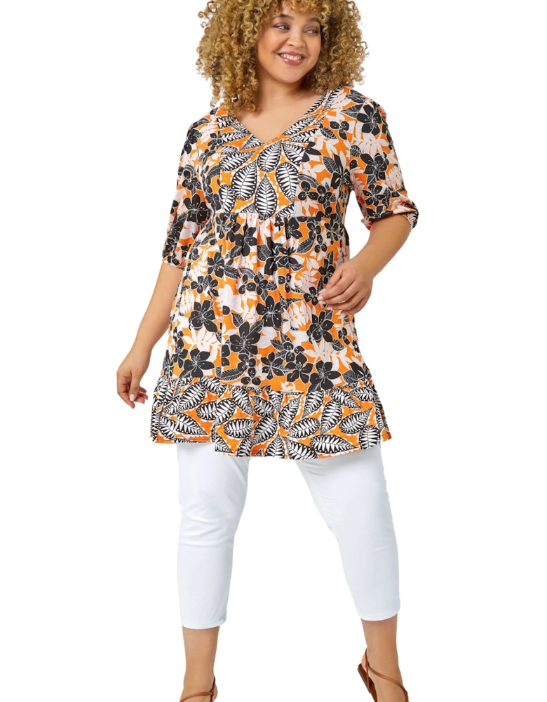 Curve Leaf Print Tunic Top