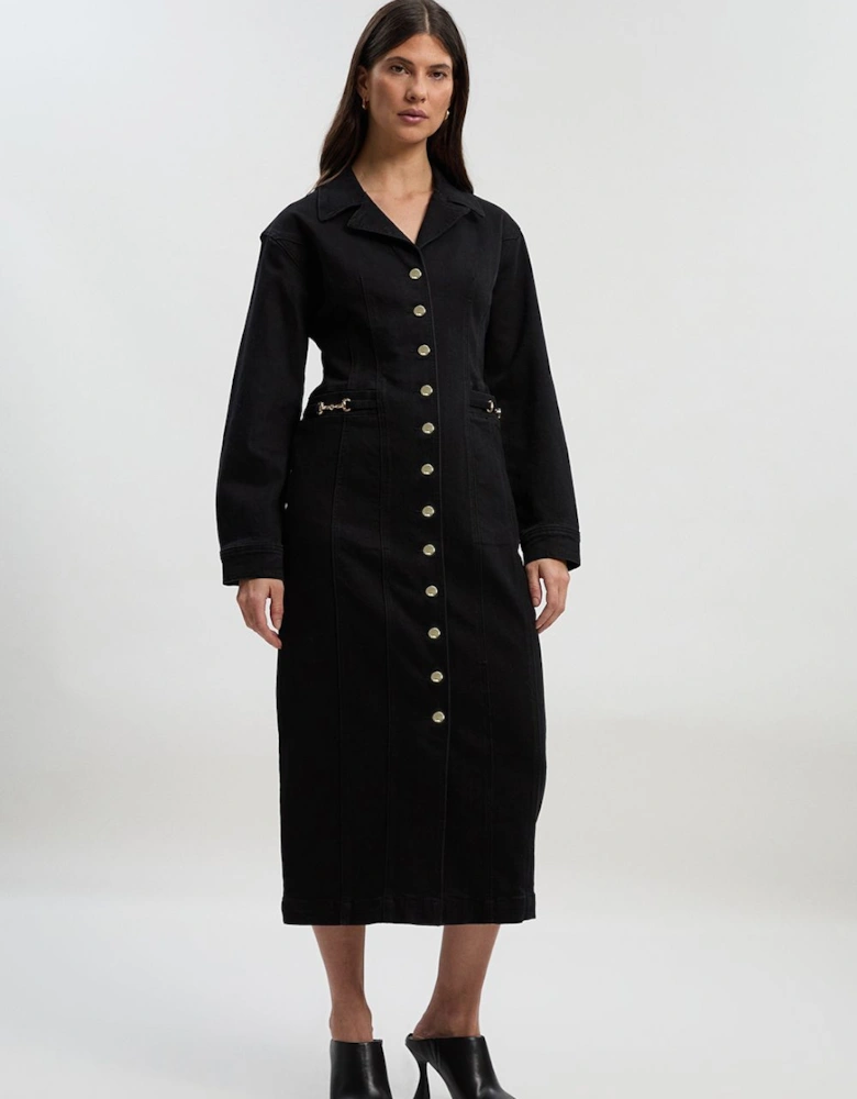 Denim Collared Pencil Midi Dress